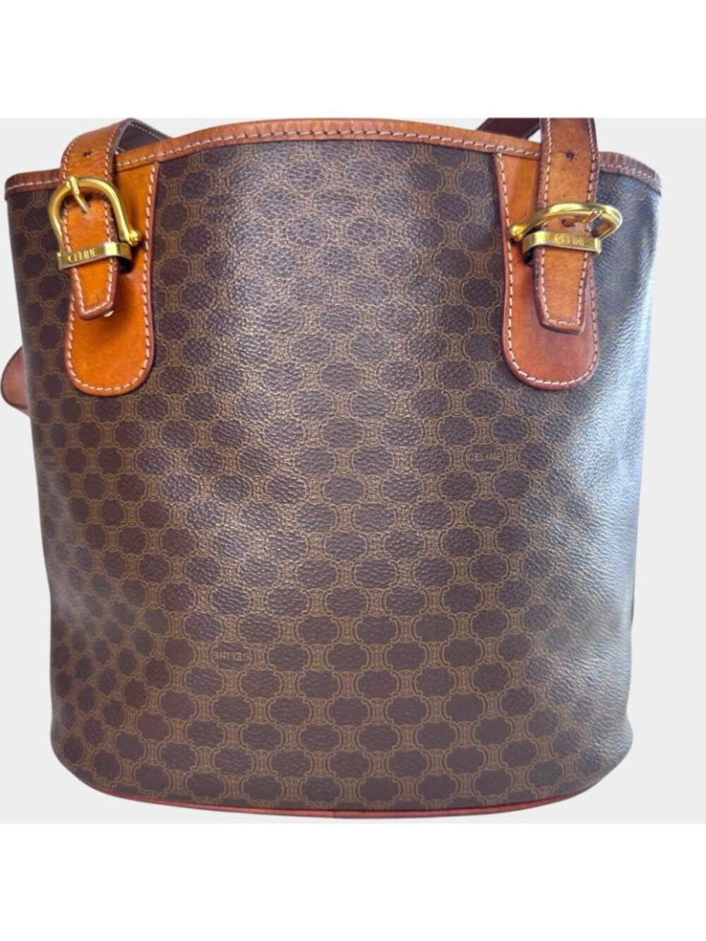 Auth CELINE Macadam Canvas Tote/Bucket Bag PVC/Leather Brown Gold M95 Logo Vintg - Picture 5 of 15